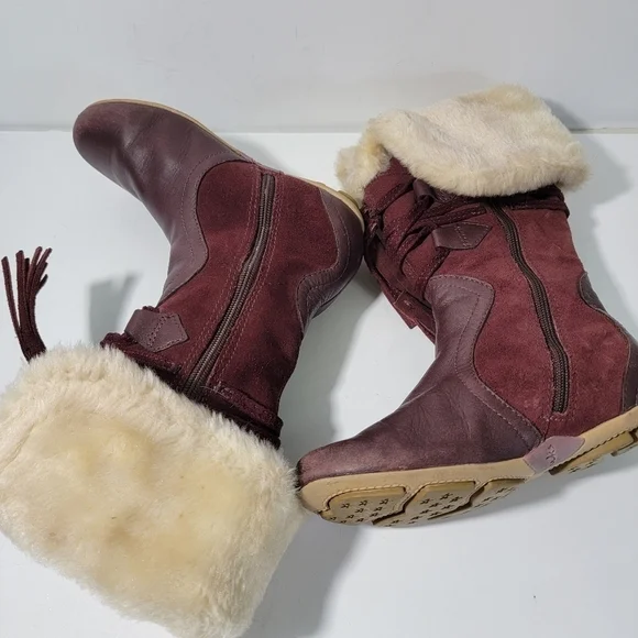 Clark Brown Leather With Faux Fur Trim Side Zip Lace Up Tassel Boots Girl 10.5 - Picture 6 of 12